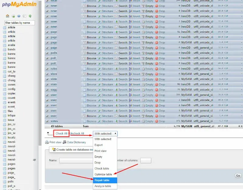 Πίνακας επιλογής database στο PHP Admin