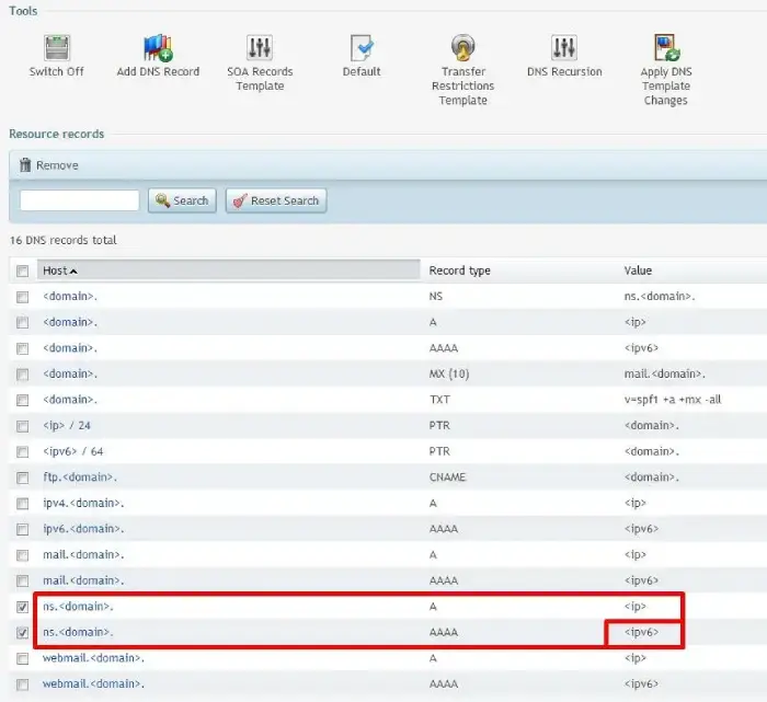Εμφάνιση ipv6 στη λίστα DNS εγγραφών στο plesk