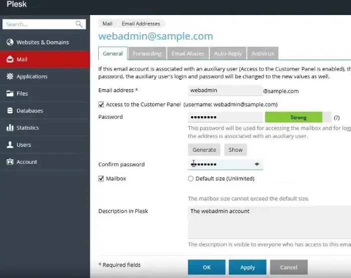 Προσθήκη και επιβεβαιώση νέου κωδικού email στον πίνακα ελέγχου Plesk
