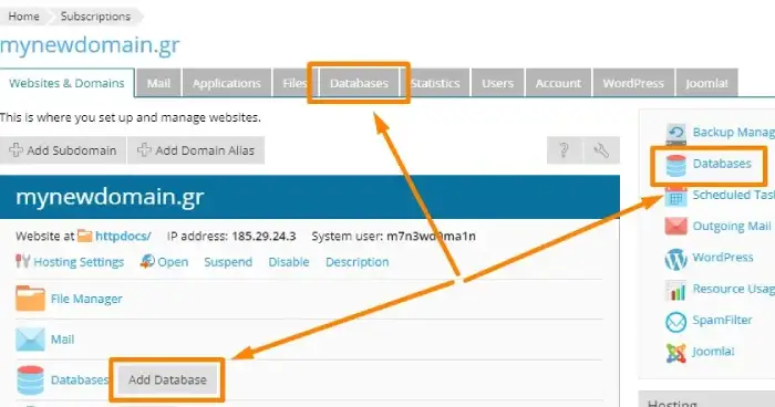 Δημιουργία database στο πίνακα ελέγχου Plesk