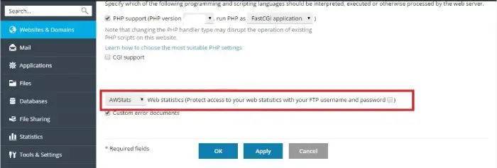 Οθόνη ενεργοποίησης στατιστικών website στο πίνακα ελέγχου plesk