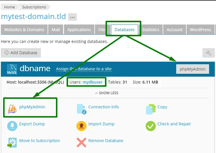 Επιλογή MySQL Database στο Plesk Panel