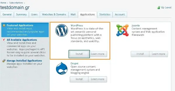 Πεδίο εγκατάστασης WordPress CMS στο plesk panel