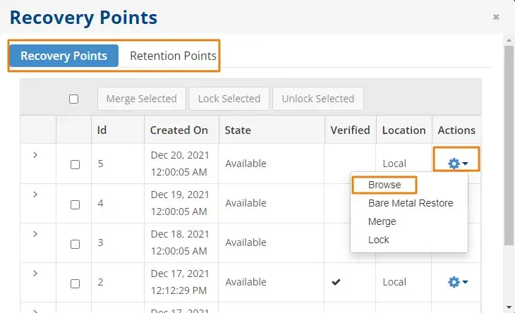 Browse recovery points Smart Backu