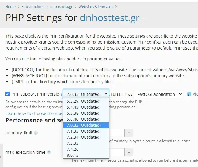 change PHP version select 