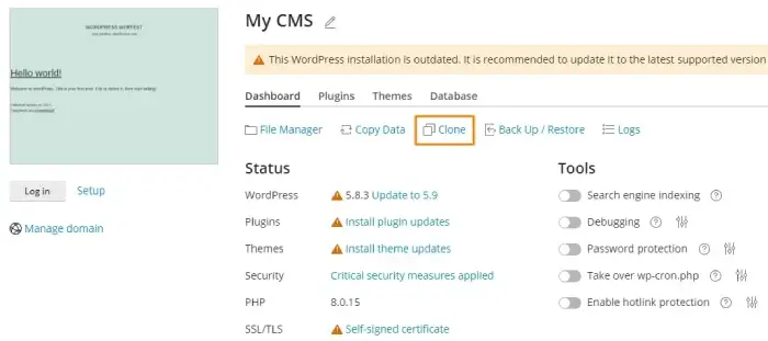 Επιλογή clone WordPress CMS στο plesk panel