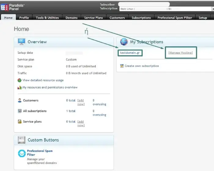 Επιλογή διαχείρισης πακέτου hosting στο plesk panel