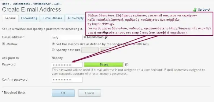 Εισαγωγή password για τη δημιουργία νέας διεύθυνσης email