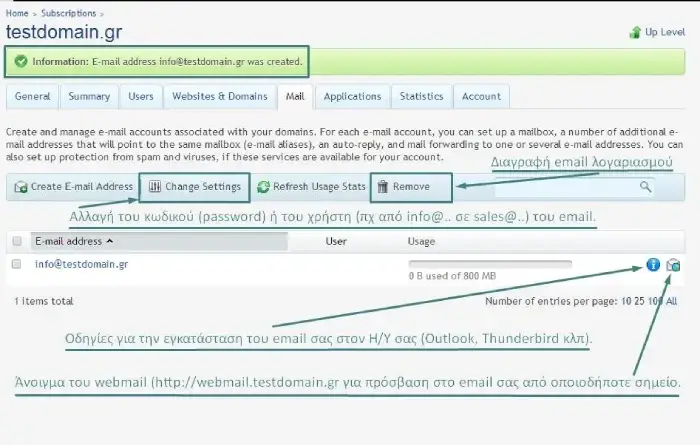 Σελίδα αλλαγής ρυθμίσεων email στο plesk