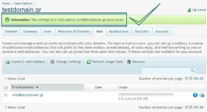 Μήνυμα επιτυχούς αποθήκευσης ρυθμίσεων email στο plesk 10/11