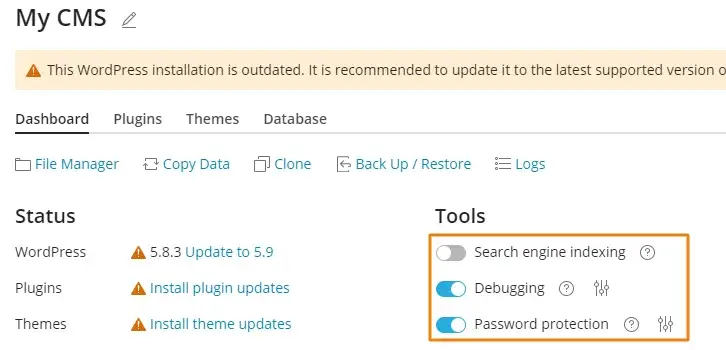 Ενεργοποίηση debugging και password protection στο WordPress toolkit