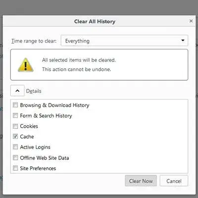 Επιλογές εκκαθάρισης cache στον browser Mozilla Firefox