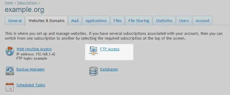 Επιλογή ρυθμίσεων FTP Access στο plesk 11