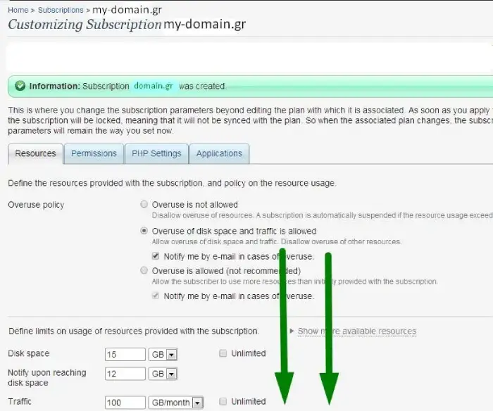 Μήνυμα επιτυχούς δημιουργίας συνδρομής hosting στο plesk 11