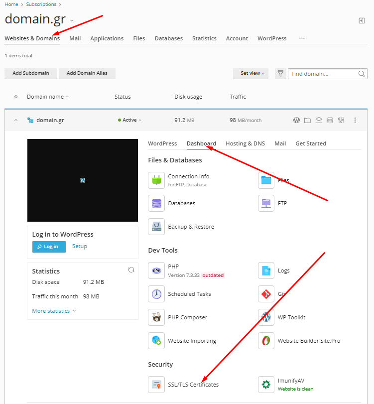 Οθόνη επιλογής διαμόρφωσης SSL στο plesk obsidian