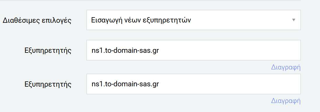 Πεδία συμπλήρωσης nameservers στο site της DNHOST