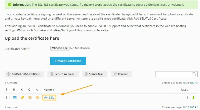Μήνυμα επιτυχούς προσθήκης SSL στο plesk obsidian