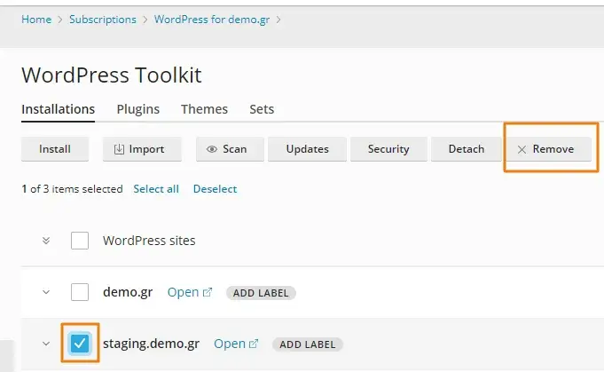 Διαγραφή wordpress staging site με τη χρήση Plesk Panel.