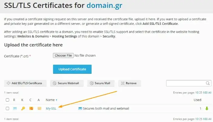 Οθόνη επιλογής πιστοποιητικού SSL στο Plesk Panel 18