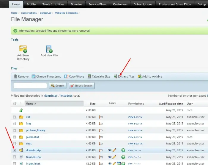 Επιλογή αποσυμπίεσης αρχείων στο file manager του plesk panel