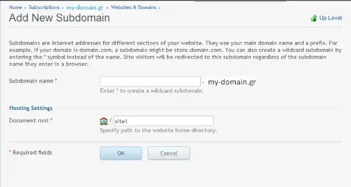 Οθόνη προσθήκης νέου subdomain στο plesk 11
