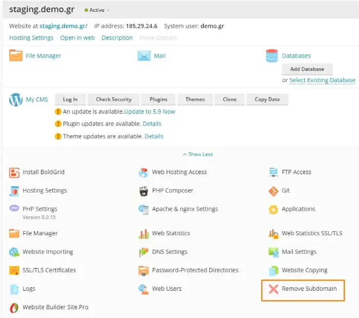 Διαγραφή subdomain WordPress staging site στο plesk