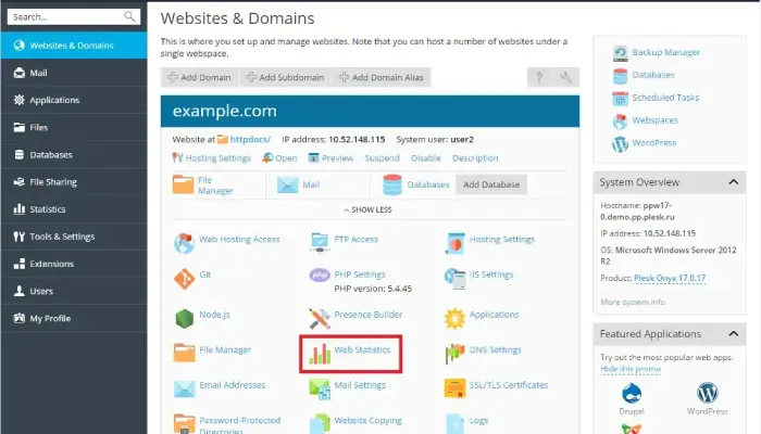 Επιλογή εικονιδίου προβολής στατιστικών site στο plesk